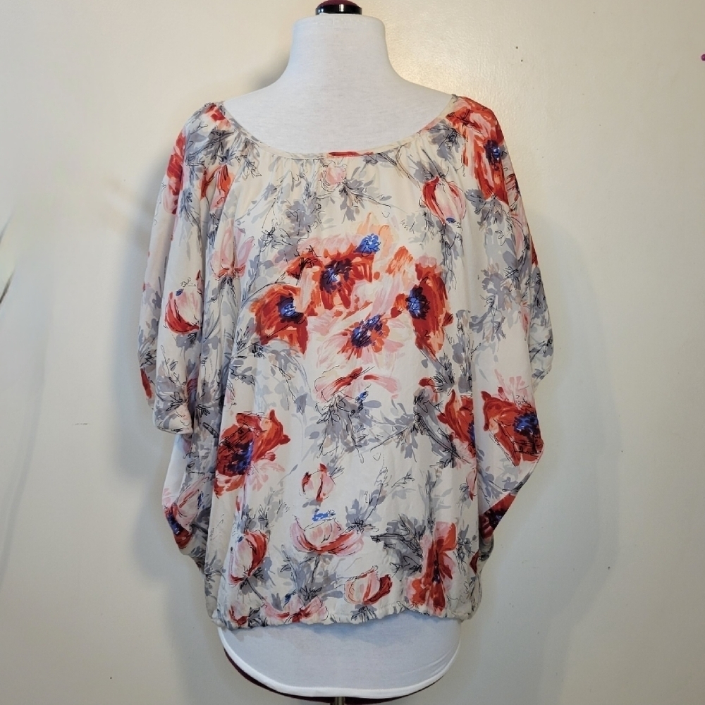 Cabi (Women's S) Floral Gypsy Dolman Short Sleeve Over-sized Silk Top